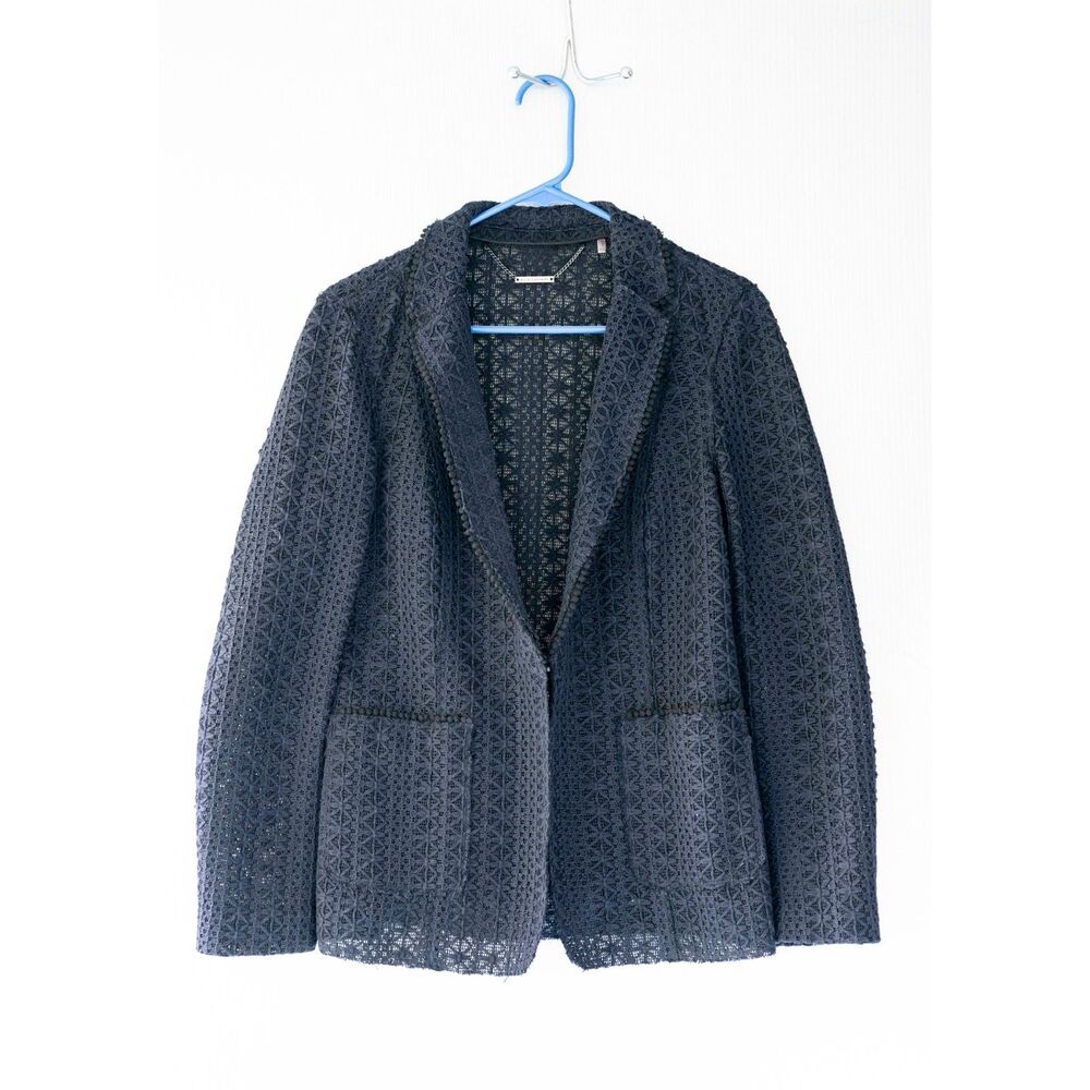 Elie Tahari Sheer Navy Dark Blue Black Trim Lace Blazer Workwear Jacket Sz 8